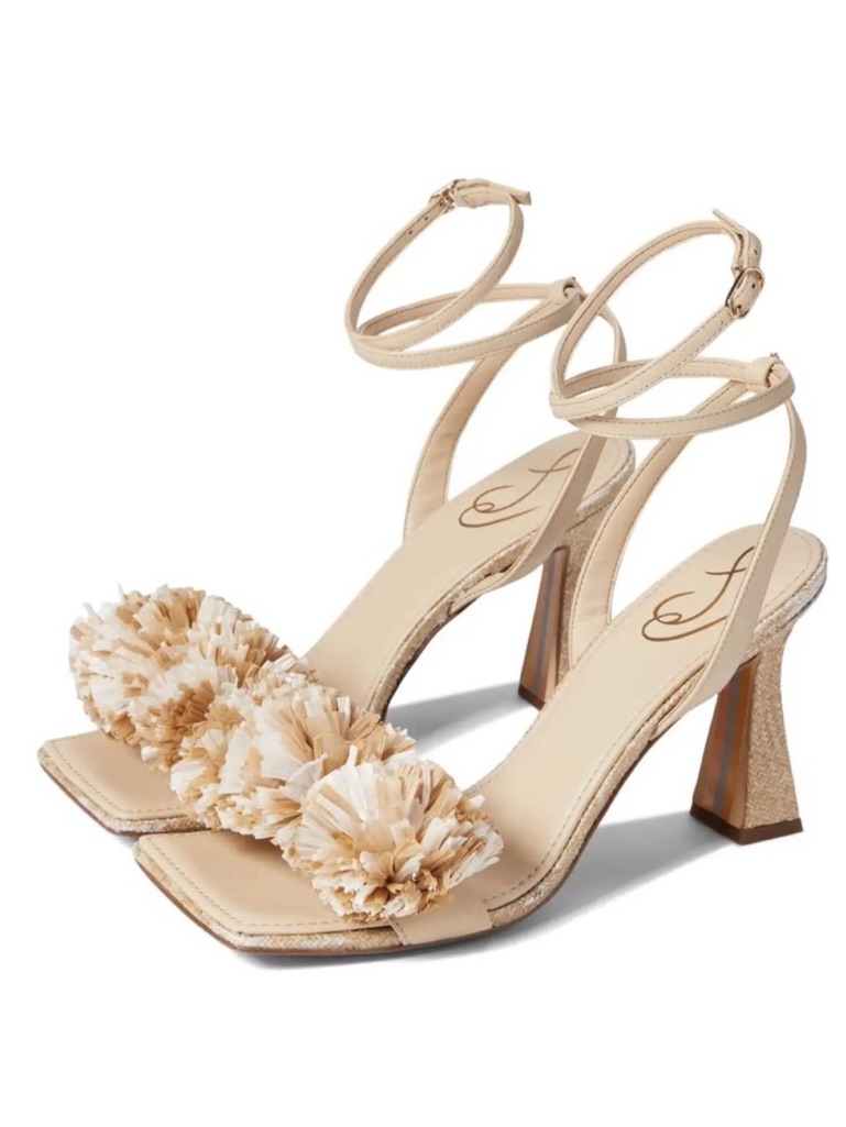 Sam Edelman Clare Heel Sandals Square Toe Raffia Pom-Pom Ankle Strap 6.5